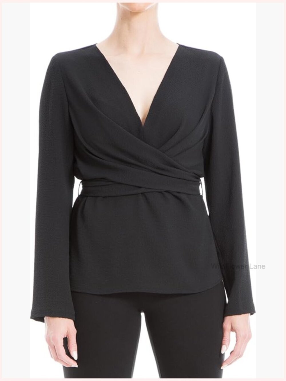 Long Sleeve V-Neck Pebbled Satin Blouse with Drawstring